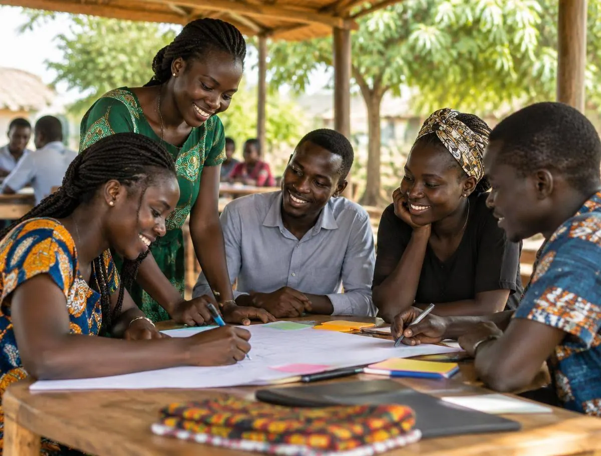 Young adults collaborating around a table in an outdoor learning space; illustrative image